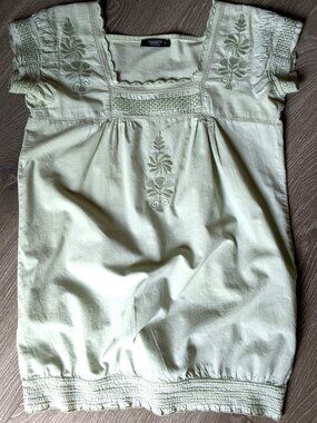 TWENTY Womens Boho Embroidered Top Size S Light Green Cotton Short Sleeve Blouse